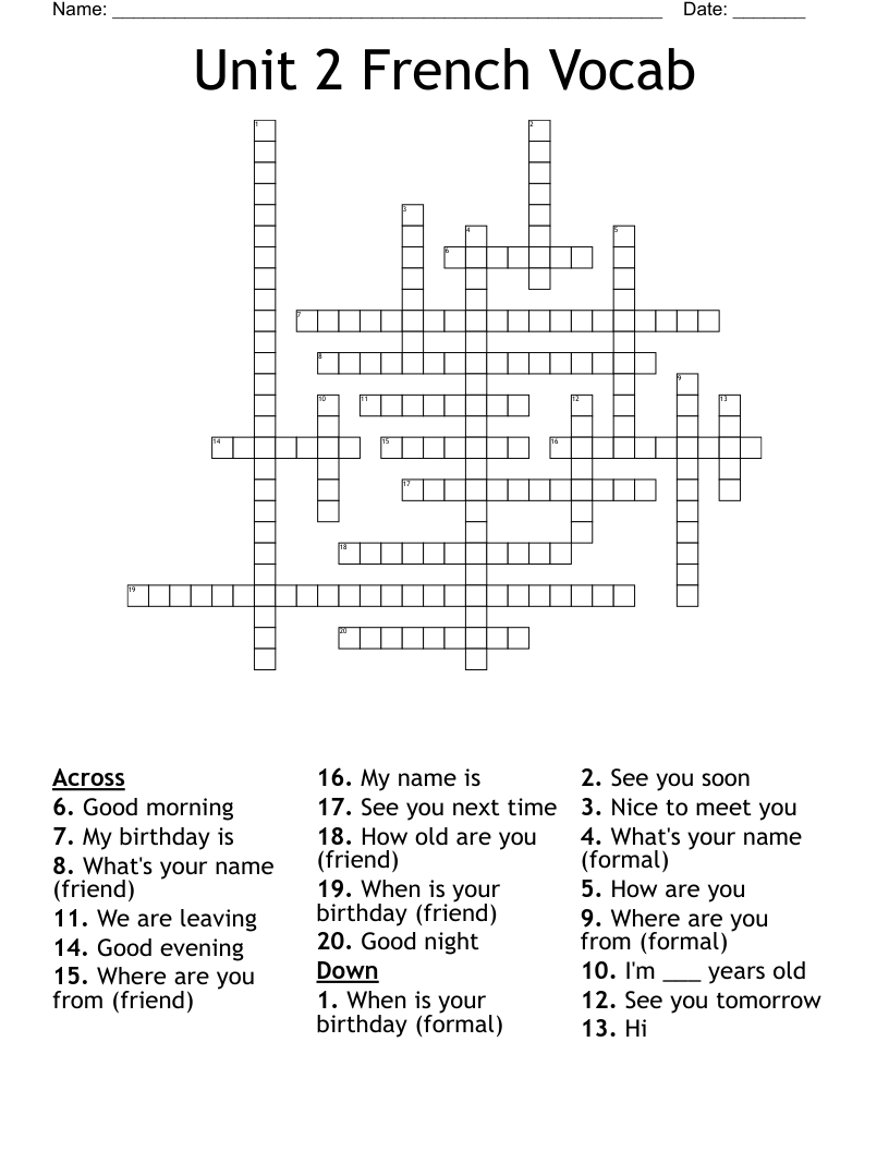 Unit 2 French Vocab Crossword WordMint Unit 2 French Vocab Crossword WordMint