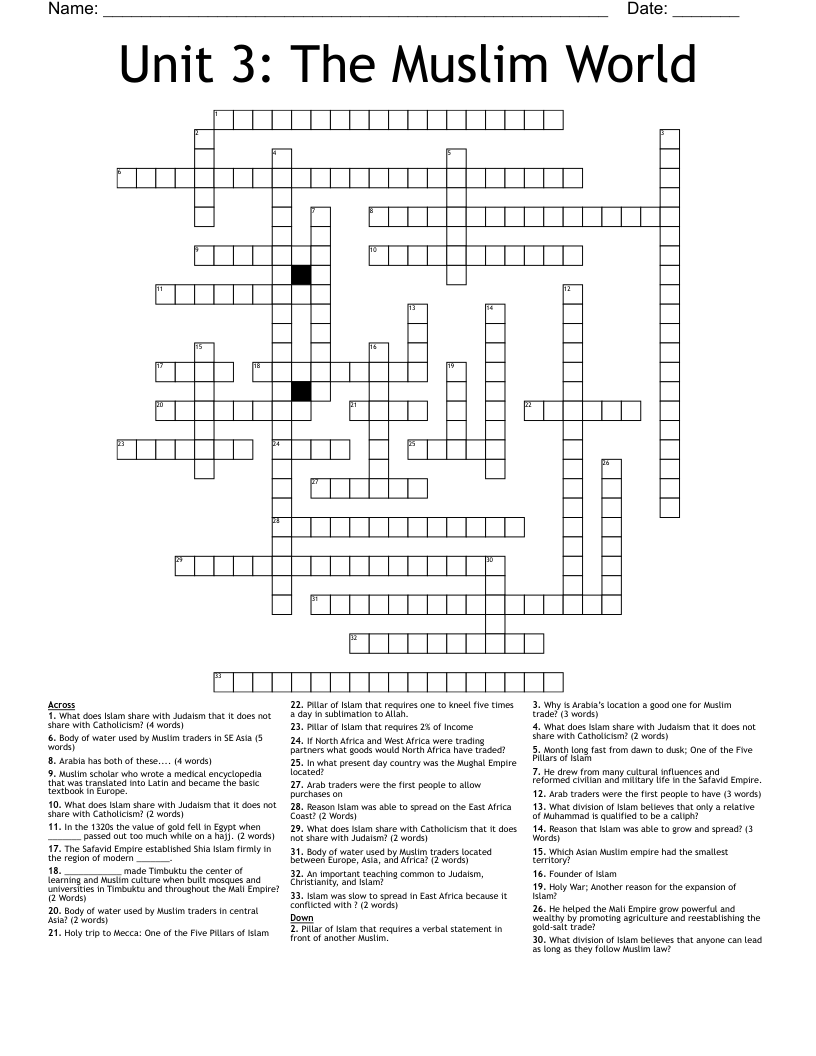 Unit 3 The Muslim World Crossword WordMint