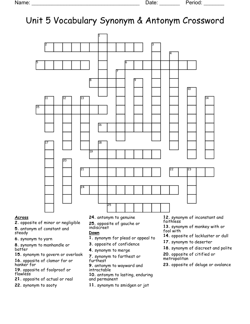 Unit 5 Vocabulary Synonym Antonym Crossword WordMint