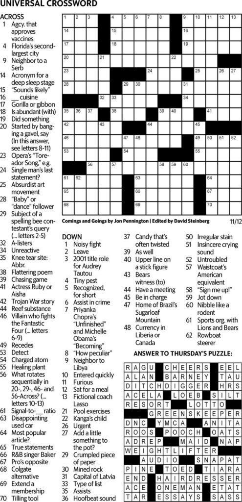 Universal Crossword Puzzle For Today Answers Free Printable Printable