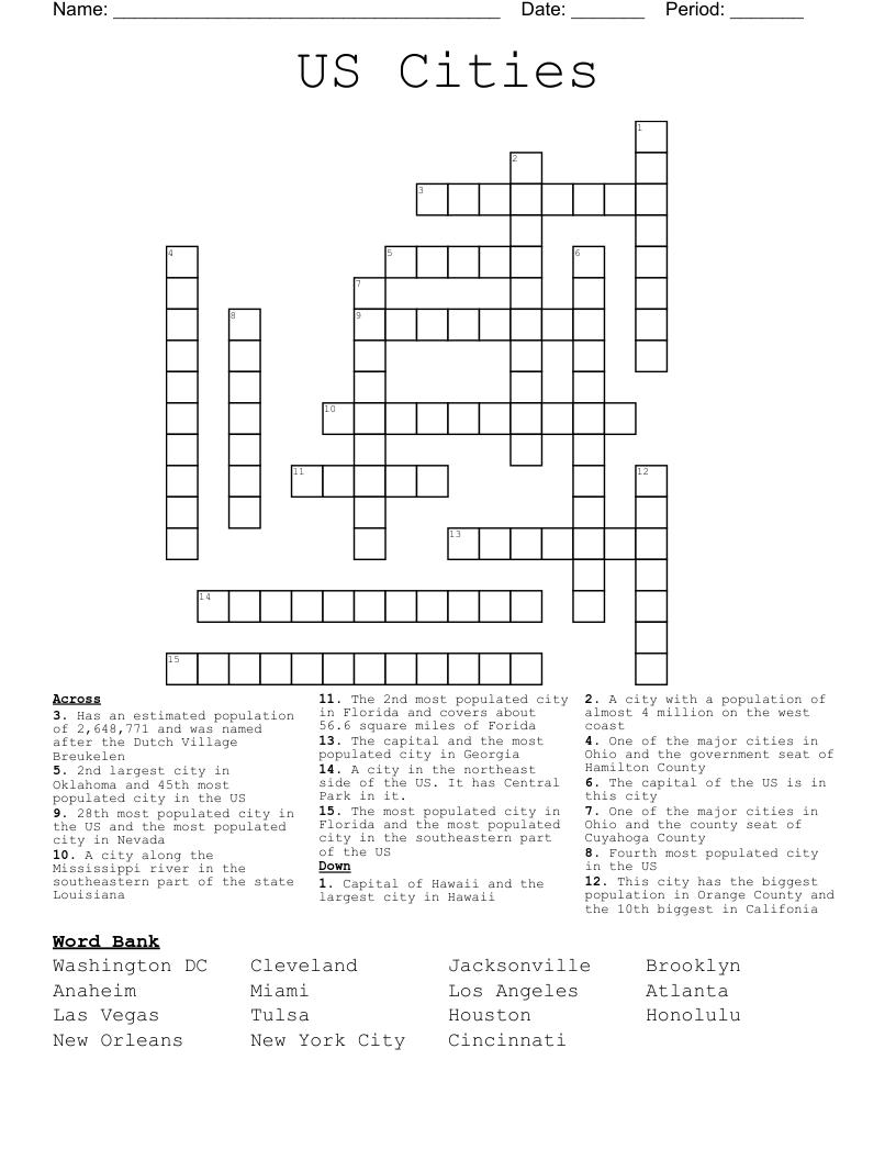 US Cities Crossword WordMint