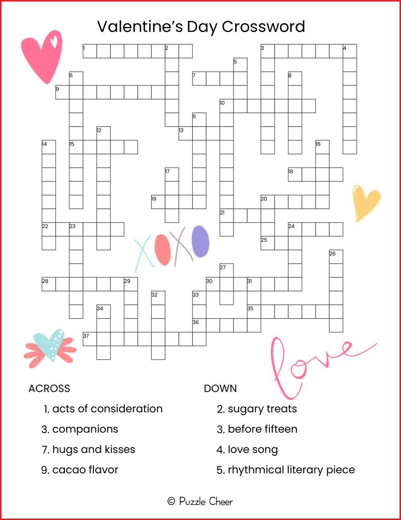 Valentine 39 s Day Crossword Puzzle Puzzle Cheer