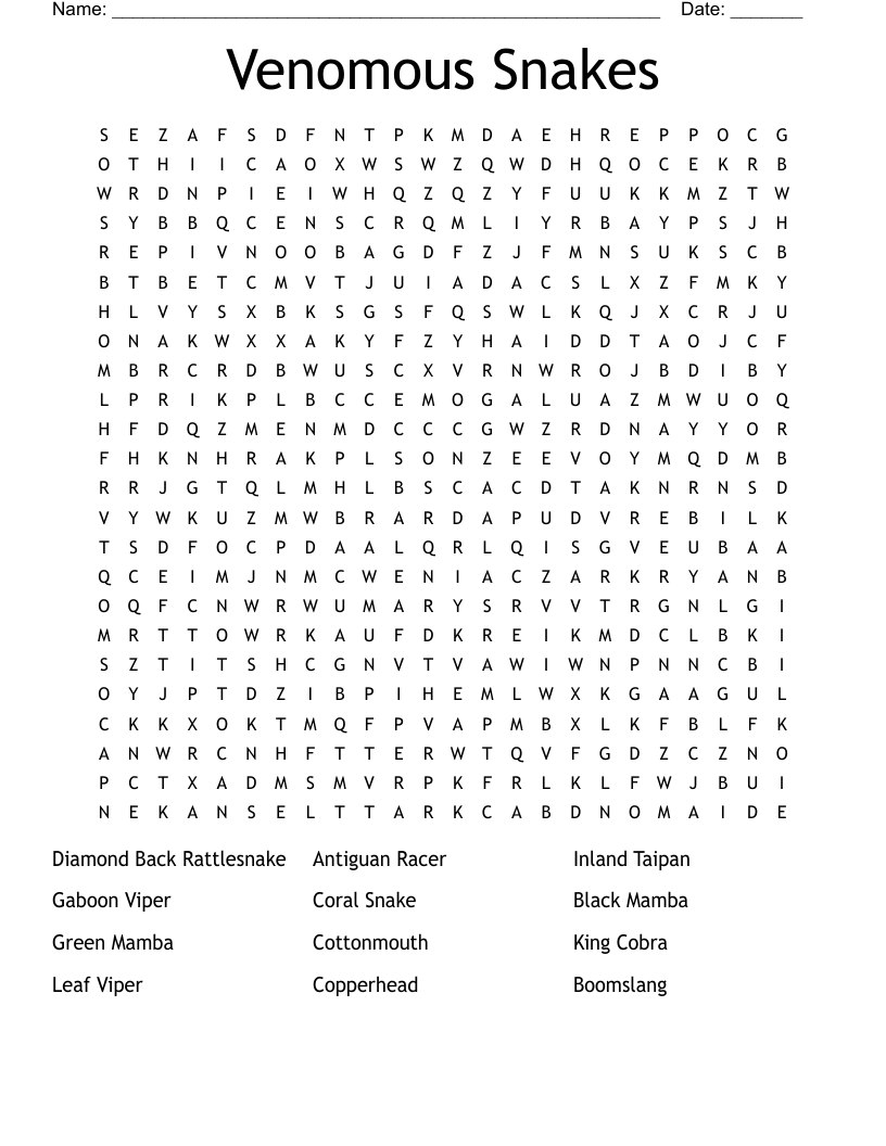 Venomous Snakes Word Search WordMint Venomous Snakes Word Search WordMint