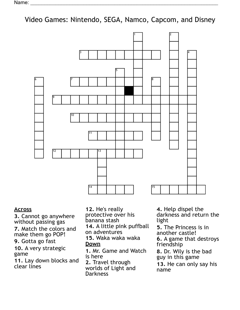 Video Games Nintendo SEGA Namco Capcom And Disney Crossword WordMint Video Games Nintendo SEGA Namco Capcom And Disney Crossword WordMint