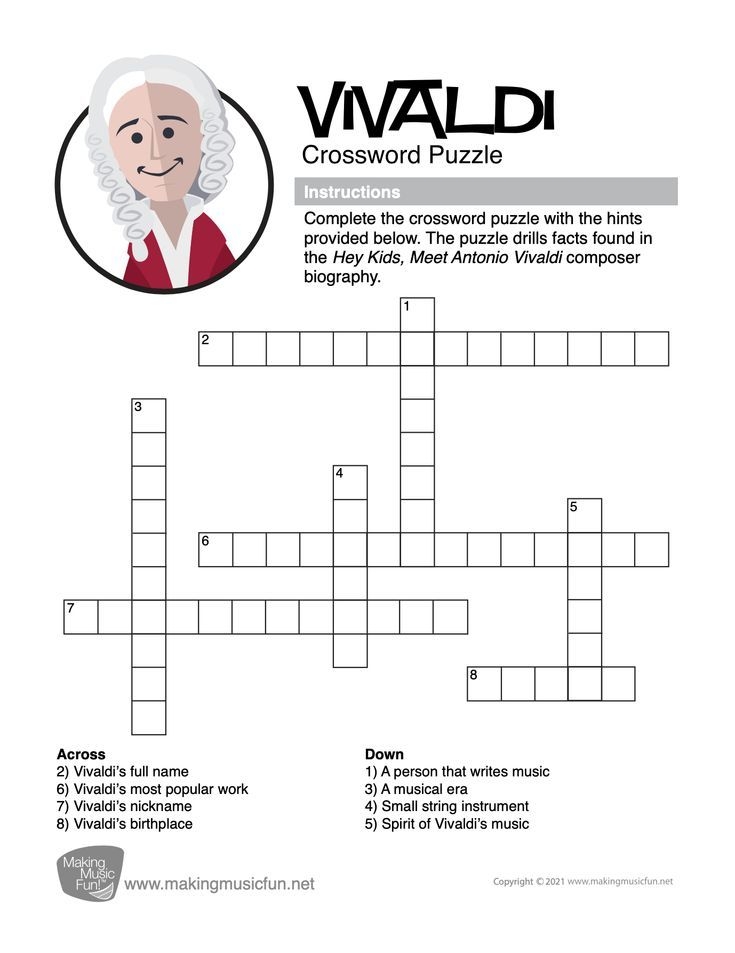 Vivaldi FREE Composer Crossword Puzzle Music Worksheets Music 
