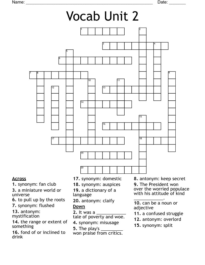 Vocab Unit 2 Crossword WordMint