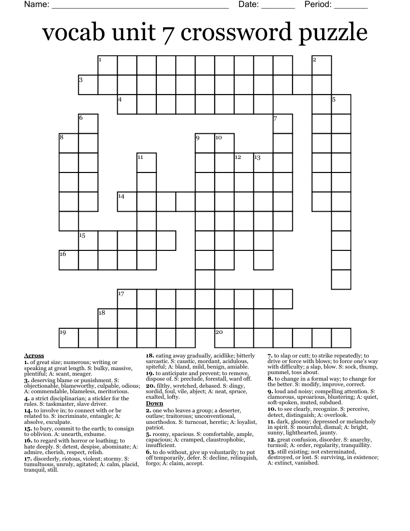 Vocab Unit 7 Crossword Puzzle WordMint