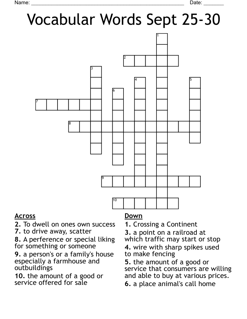Vocabular Words Sept 25 30 Crossword WordMint