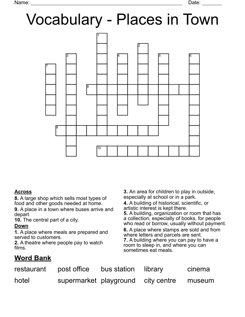 Vocabulary Places In Town Crossword WordMint