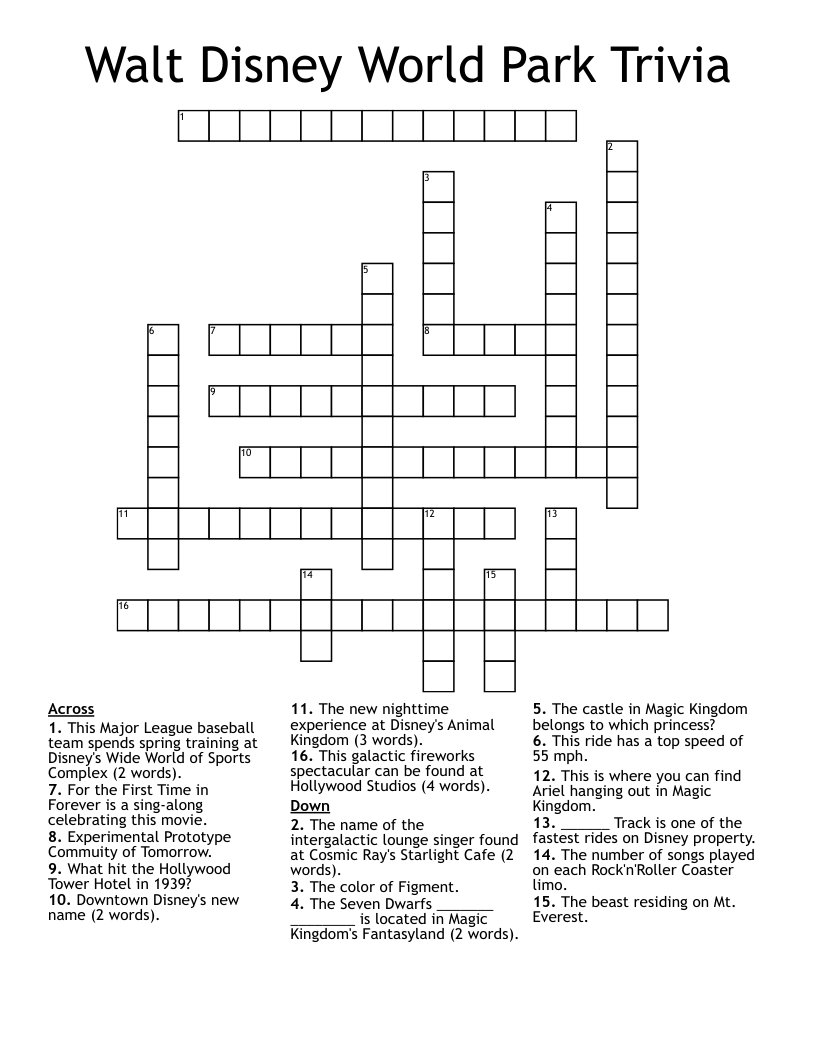 Walt Disney World Park Trivia Crossword WordMint Walt Disney World Park Trivia Crossword WordMint