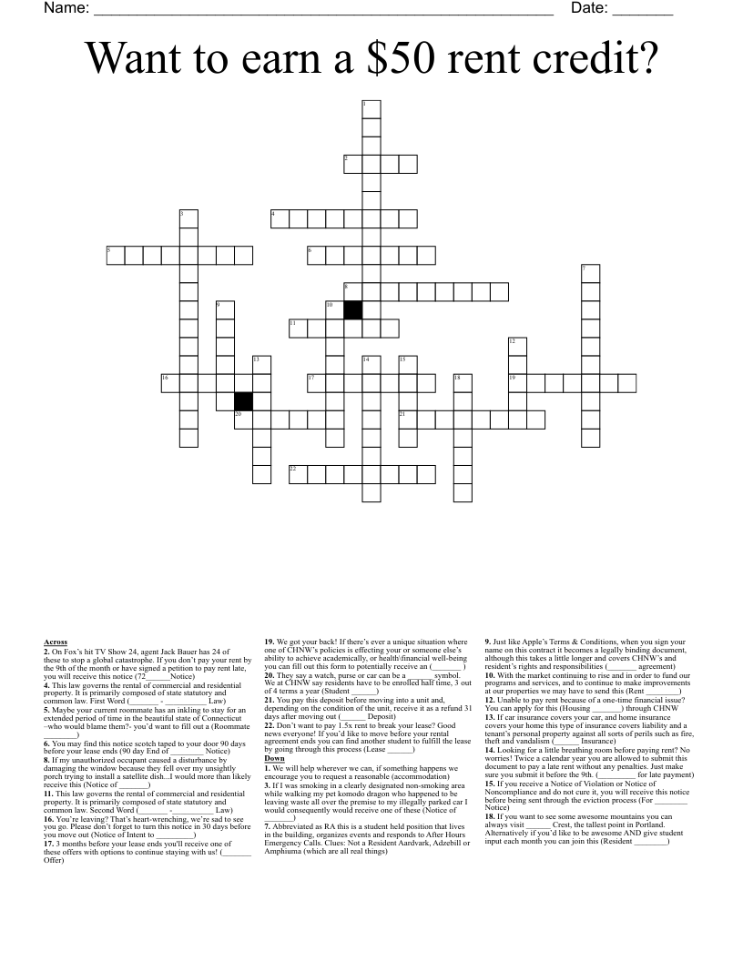 Want To Earn A 50 Rent Credit Crossword WordMint