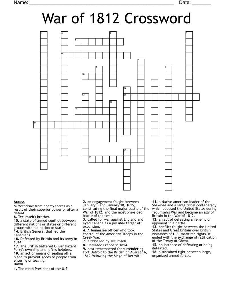 War Of 1812 Crossword WordMint