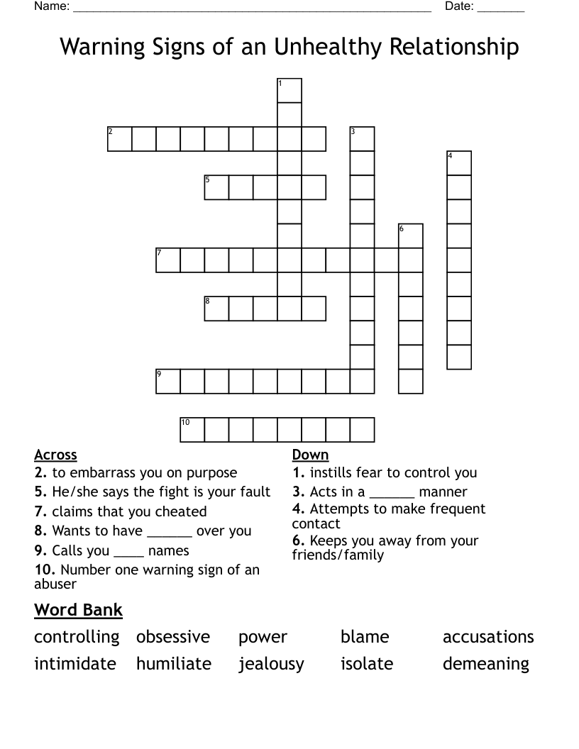 Warning Signs Of An Unhealthy Relationship Crossword WordMint Warning Signs Of An Unhealthy Relationship Crossword WordMint