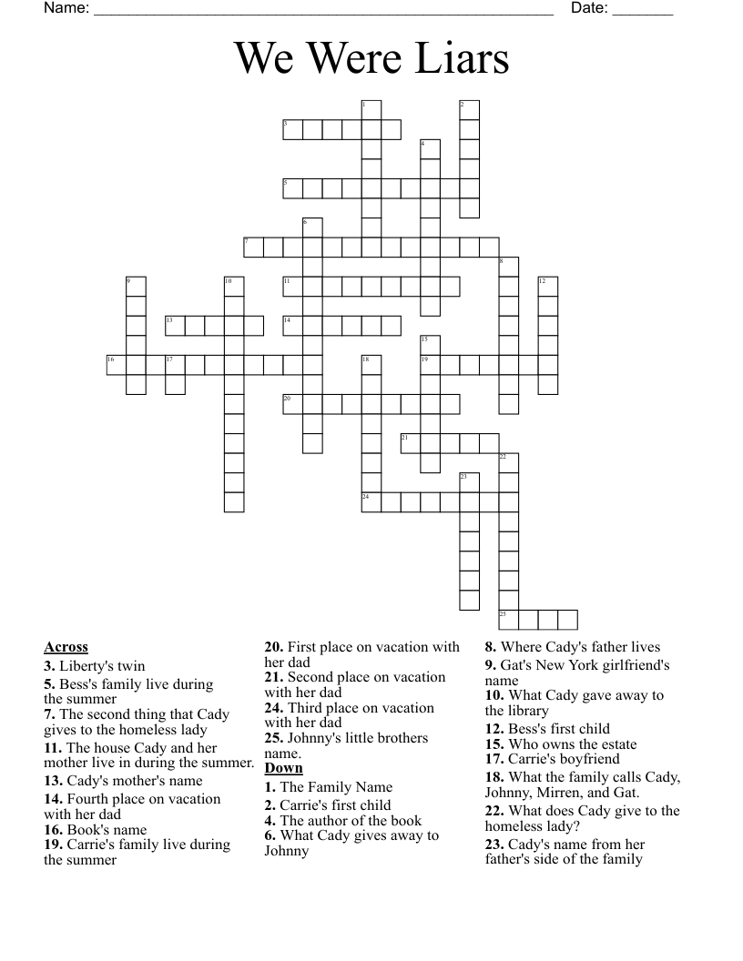 We Were Liars Crossword WordMint