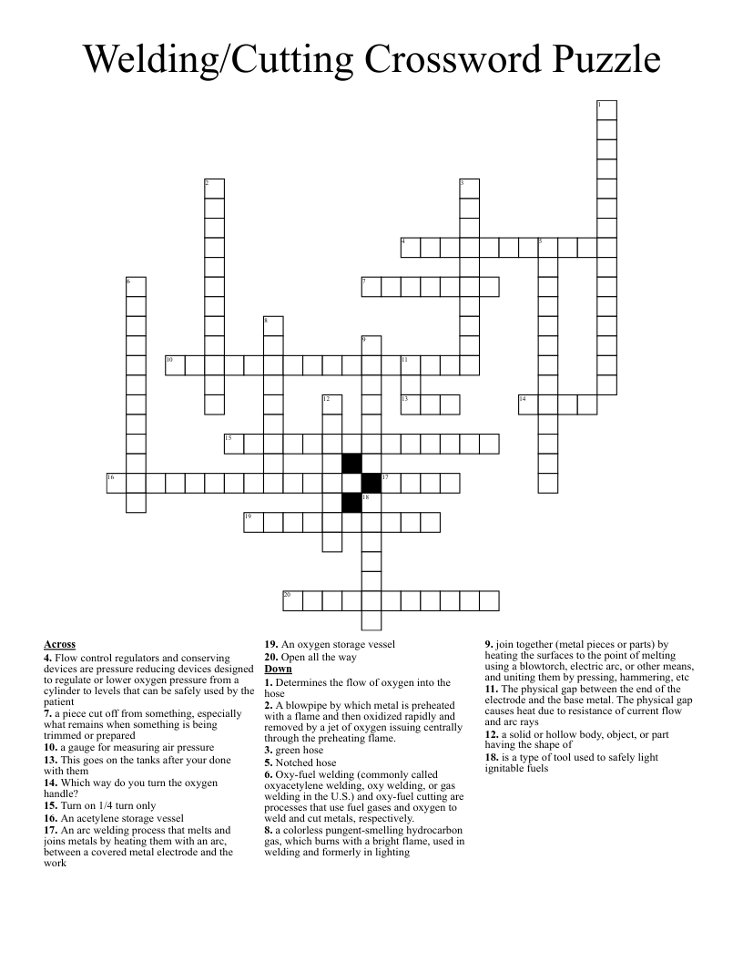Welding Cutting Crossword Puzzle WordMint