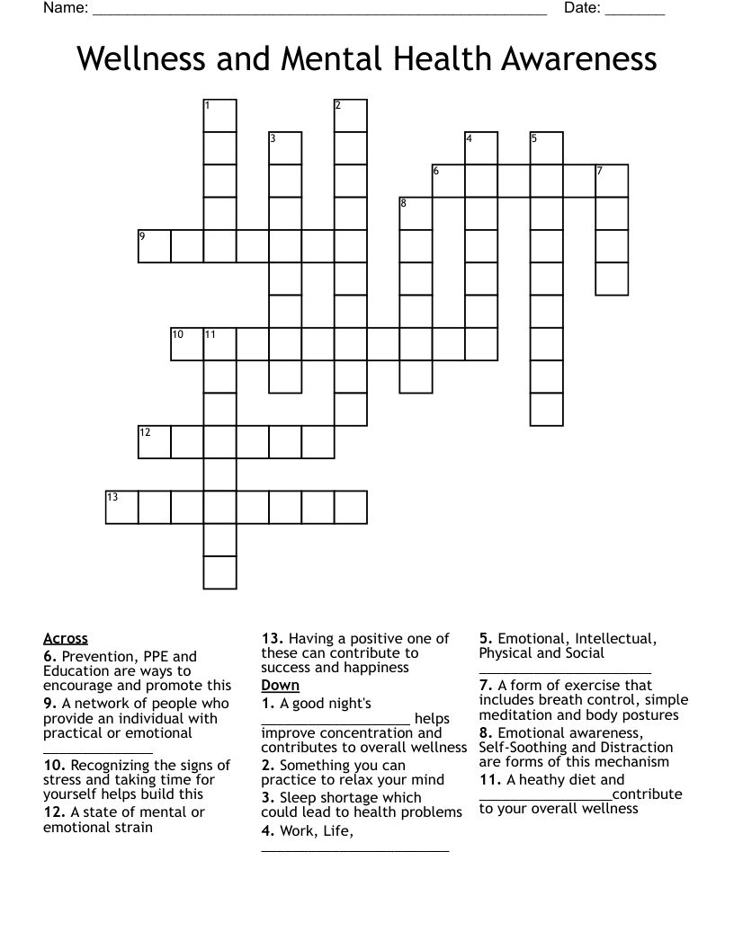 Wellness And Mental Health Awareness Crossword WordMint