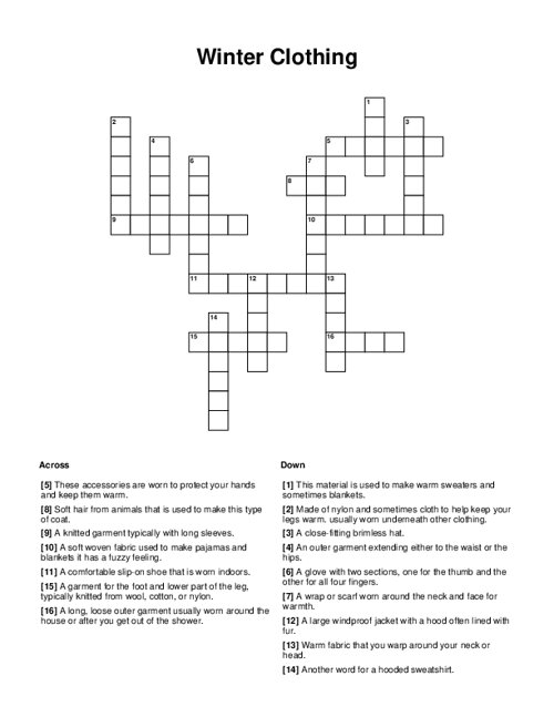Winter Clothing Crossword Puzzle