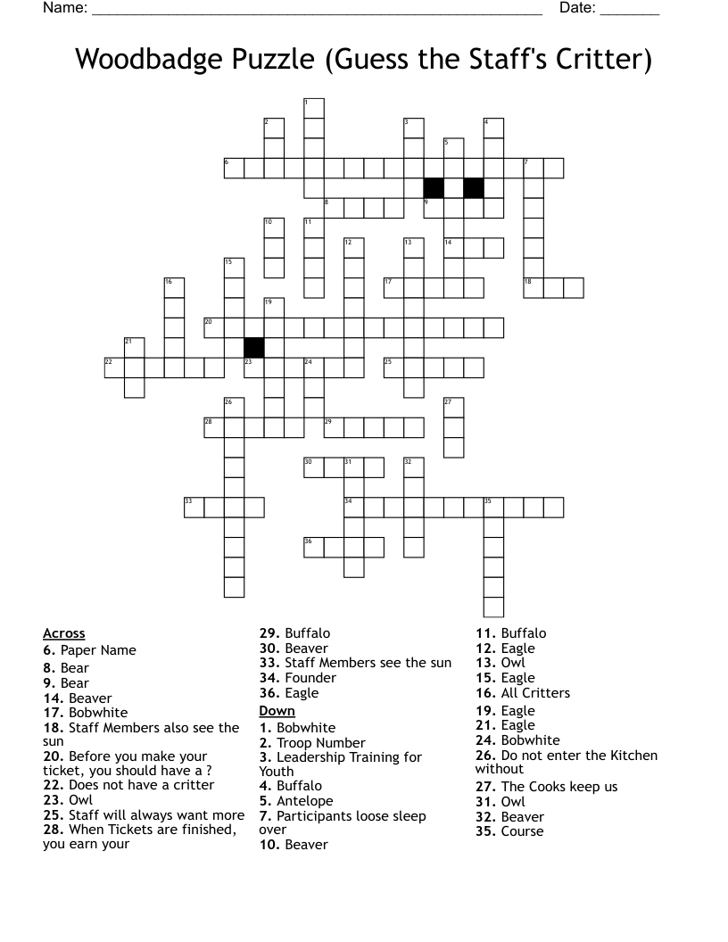 Woodbadge Puzzle Guess The Staff s Critter Crossword WordMint Woodbadge Puzzle Guess The Staff s Critter Crossword WordMint