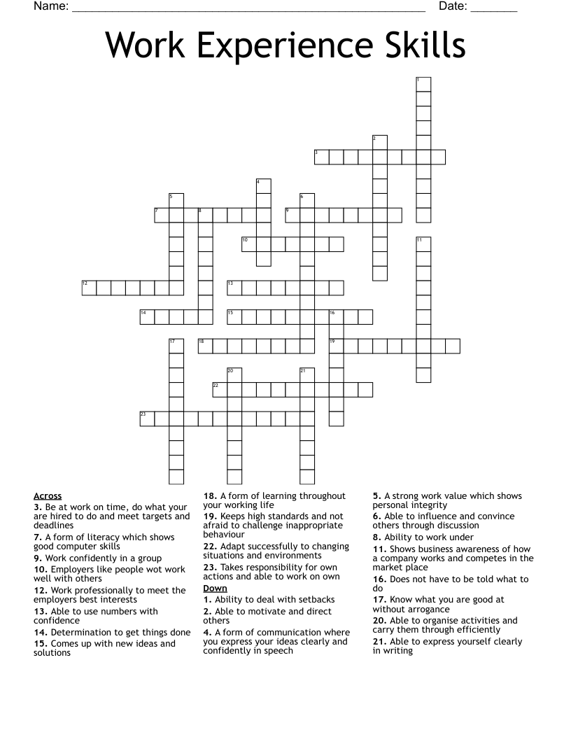 Work Experience Skills Crossword WordMint