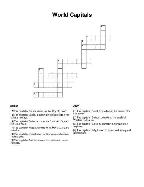 World Capitals Crossword Puzzle