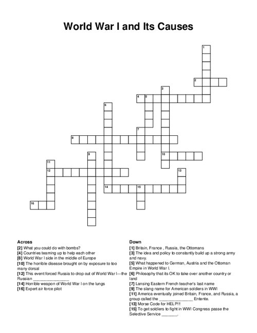World War 1 WWI The Great War Crossword Puzzle World War 1 WWI The Great War Crossword Puzzle