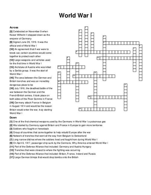 World War I Crossword Puzzle World War I Crossword Puzzle