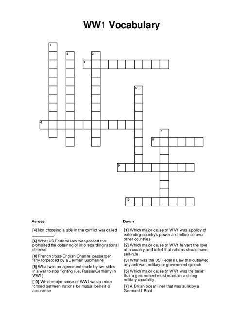 World War I WW1 Vocabulary Crossword Puzzle