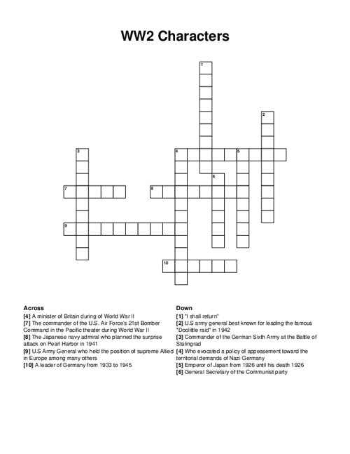 WW2 Characters Crossword Puzzle