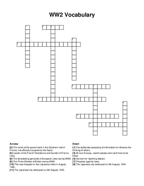 WW2 Vocabulary Crossword Puzzle