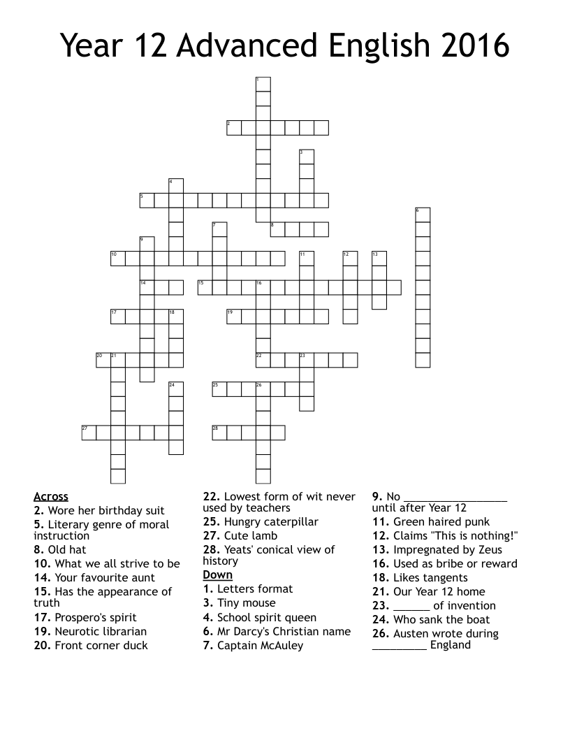 Year 12 Advanced English 2016 Crossword WordMint