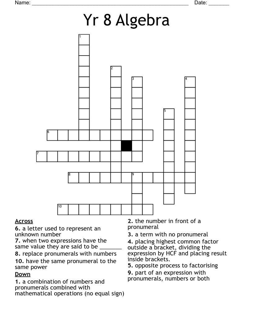Yr 8 Algebra Crossword WordMint Yr 8 Algebra Crossword WordMint